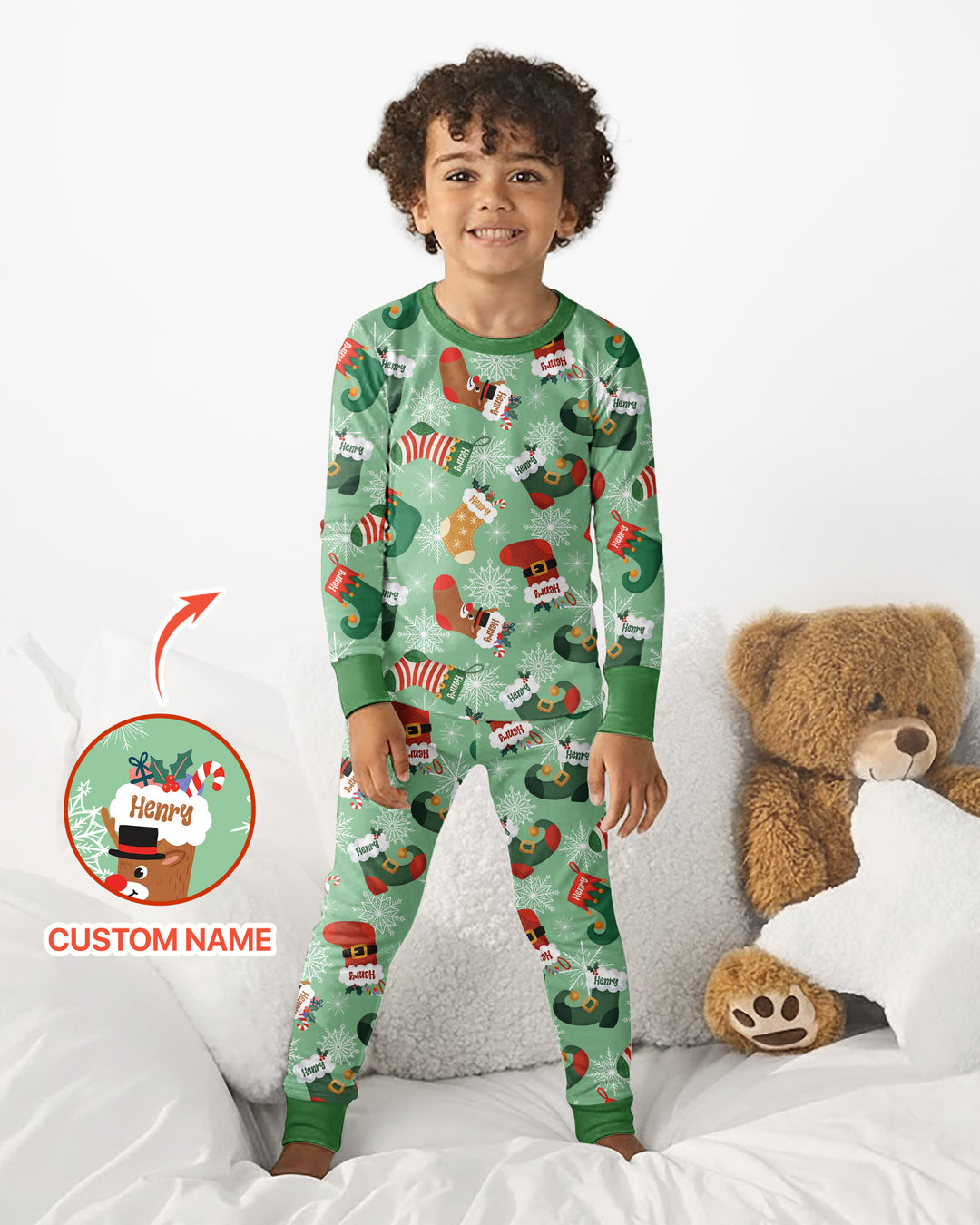 Personalize Christmas Crew Family Matching  Bamboo Two Piece Long Sleeve Pajama Set