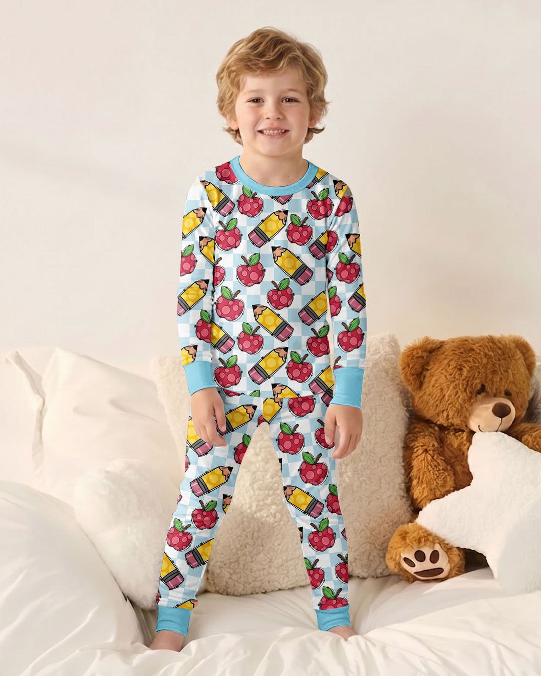 Checkered Apple Scribbles Bamboo Two Piece Long Sleeve Pajama Set