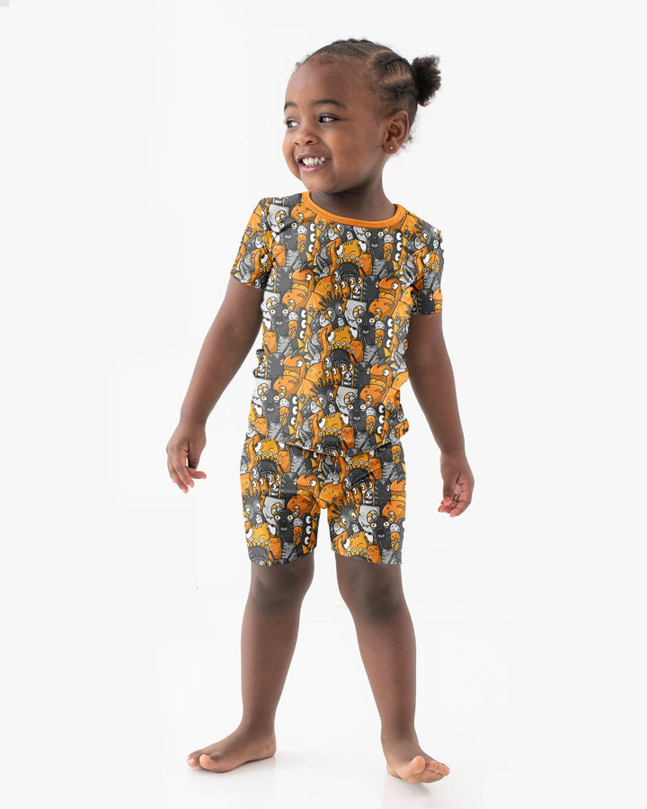 Colorful Doodle Monster Friends Bamboo Two Piece Short Sleeve Shorts Pajama Set