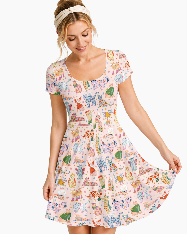 Whimsical Cat Parade Bamboo Women’s Short Sleeve Twirl Dress