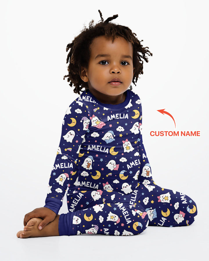 Sweet Dreams Cute Ghost Custom Name Bamboo Two Piece Long Sleeve Pajama Set