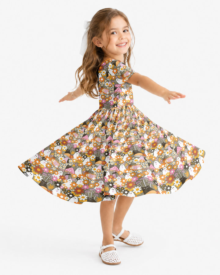 Retro Ghost Mushroom Floral Halloween Bamboo Twirl Dress