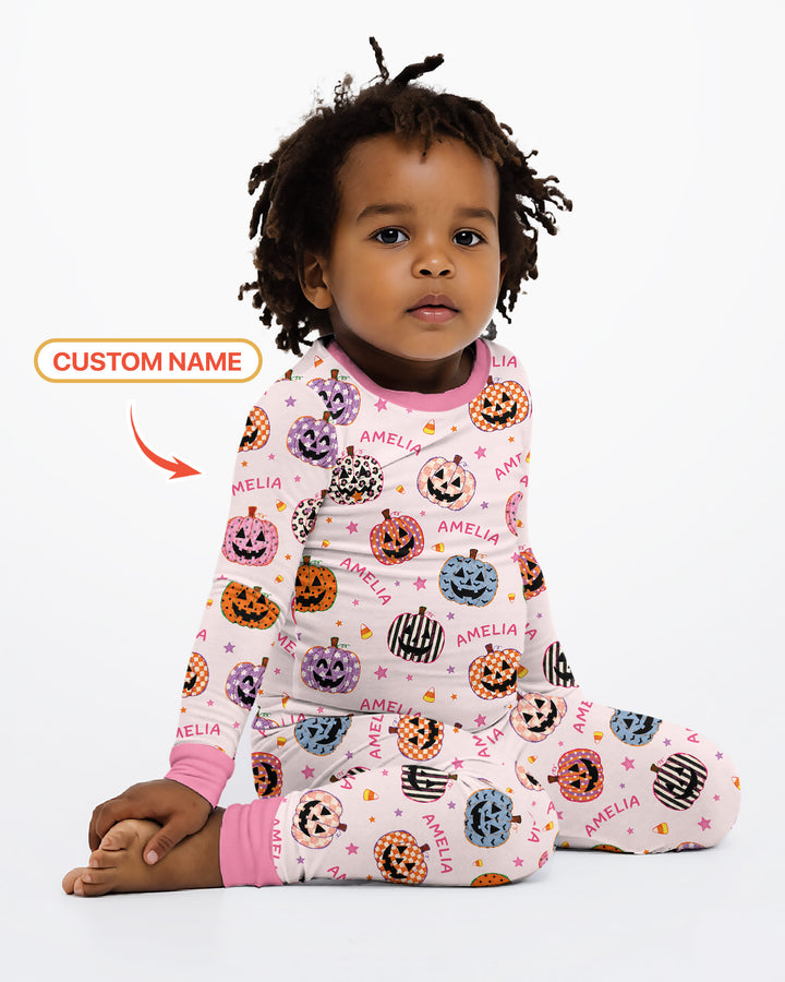 Custom Name Colorful Jack O Lantern Bamboo Two Piece Long Sleeve Pajama Set