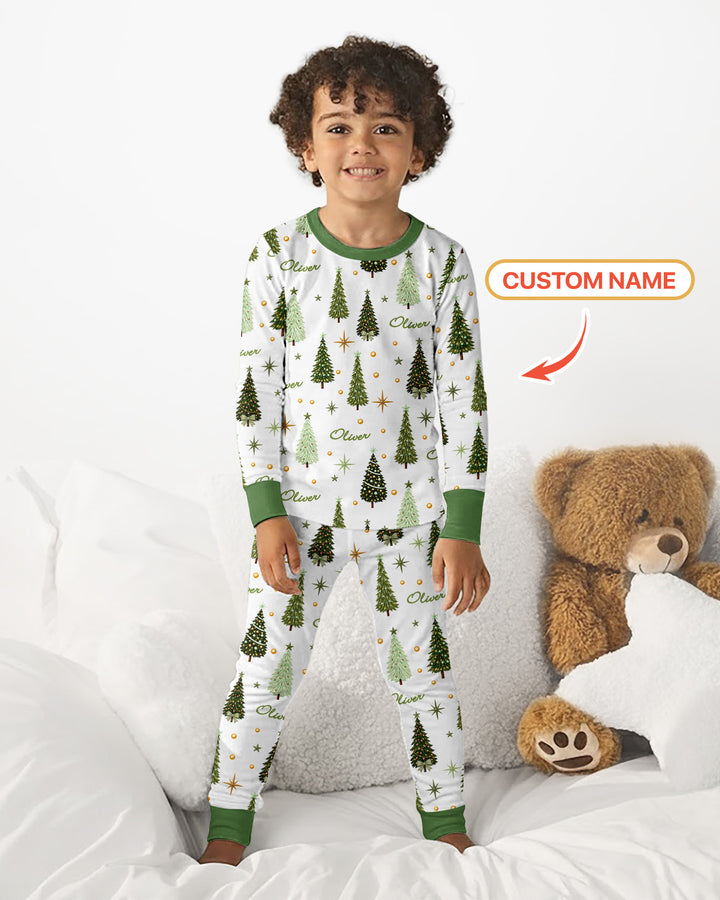Custom Name Merry Christmas Tree Bamboo Two Piece Long Sleeve Pajama Set