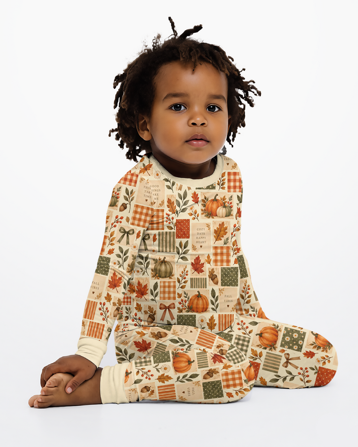Fall Patchwork Watercolor Bamboo Two Piece Long Sleeve Pajama Set