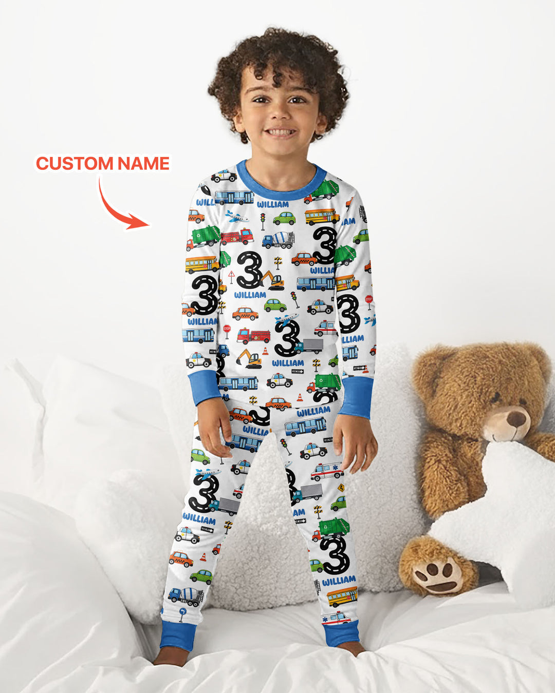Personalized Birthday Boy Transportation Vehicles Bamboo Two Piece Long Sleeve Pajama Set