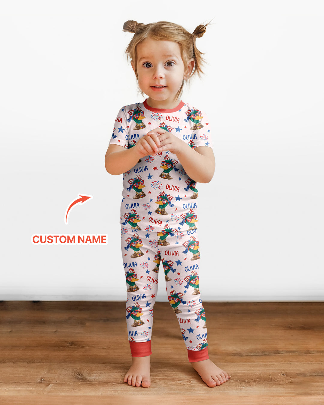 Custom Name Patriotic Mallard Duck Bamboo Two Piece Short Sleeve Pajama Set