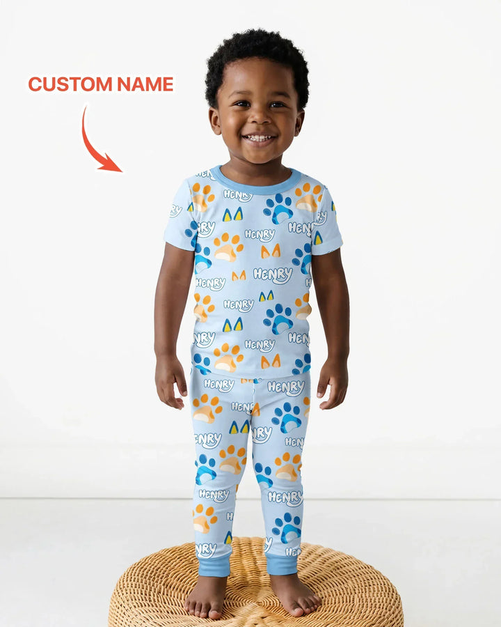 Custom Name Favourite Blue Dog Family Matching Bamboo Two Piece Short Sleeve Pajama Set