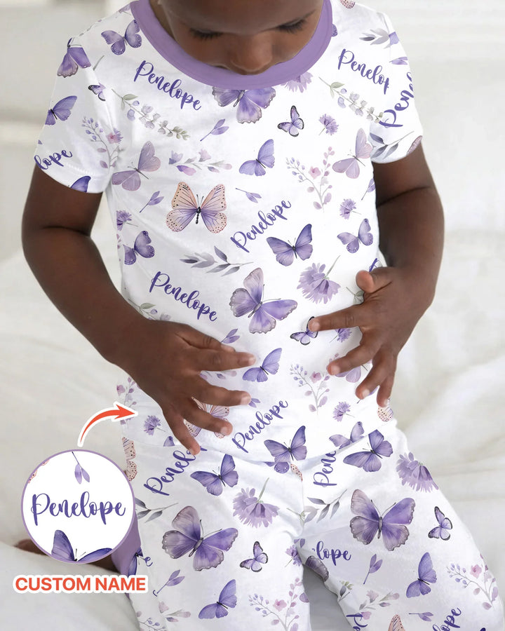 Custom Name Lilac Bloom Bamboo Two Piece Short Sleeve Pajama Set