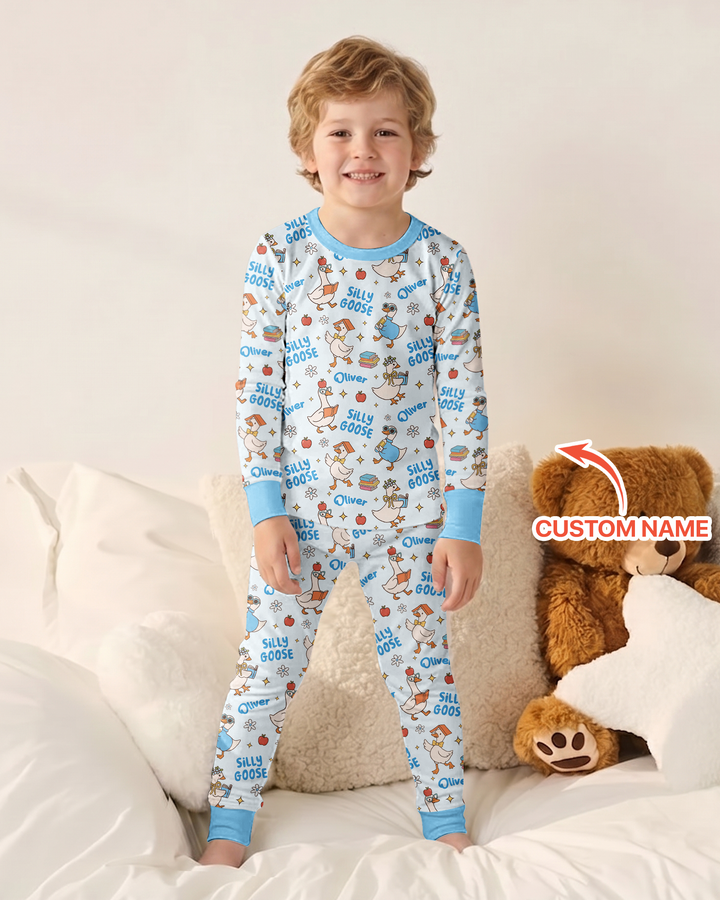 Custom Name Silly Goose Back to School Bamboo Two Piece Long Sleeve Pajama Set