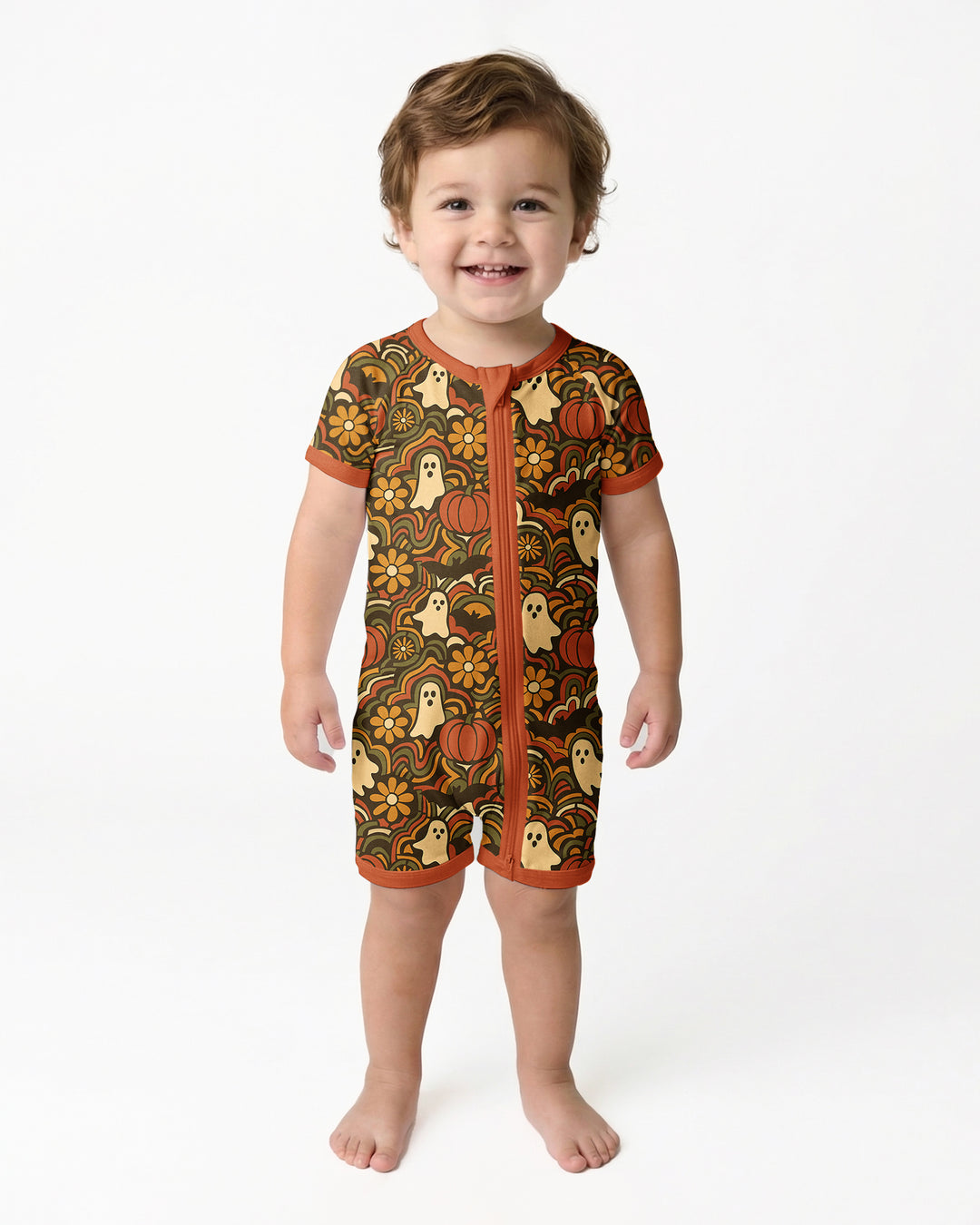 Retro Halloween Ghost Pumpkin Floral Bamboo Shorty Zippy