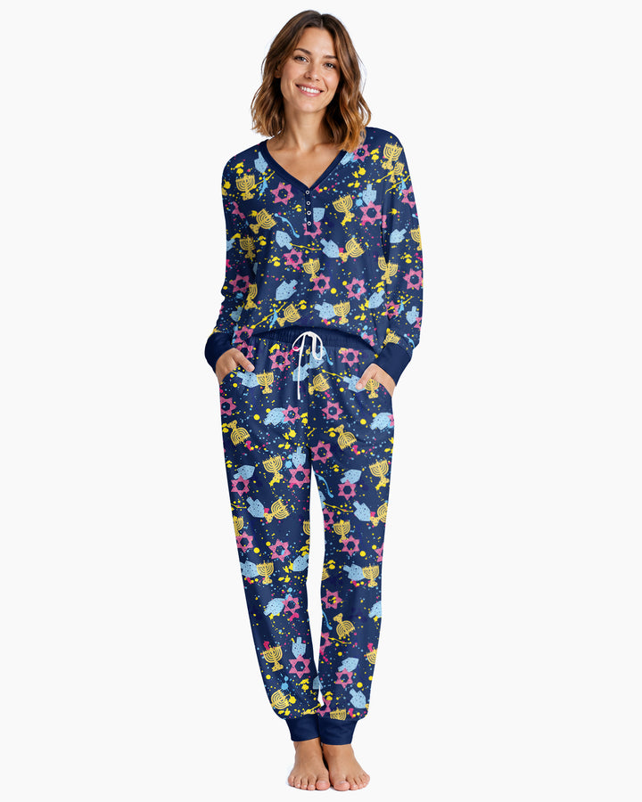 Hanukkah Family Splatter Paint  Bamboo Women Pajama Set