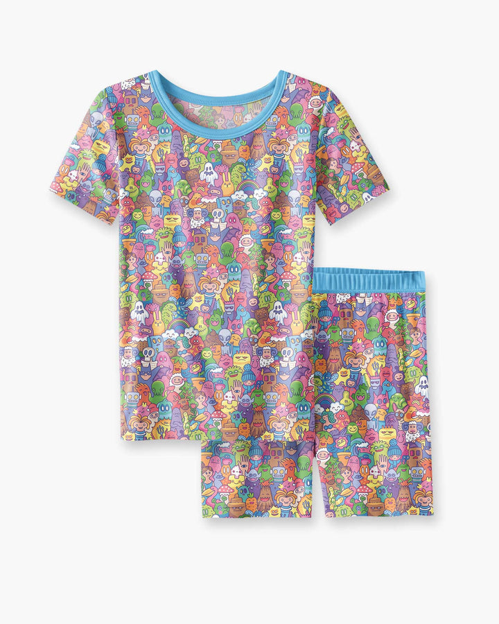 Doodle Characters Pastel Bamboo Two Piece Short Sleeve Shorts Pajama Set