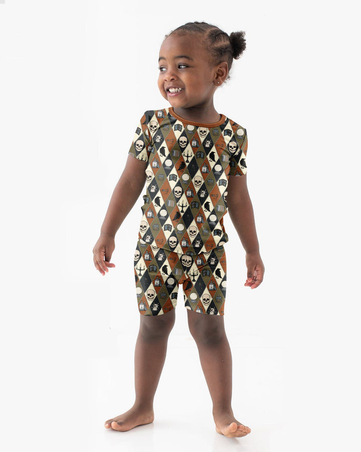 Retro Gothic Halloween Patchwork Bamboo Two Piece Short Sleeve Shorts Pajama Set