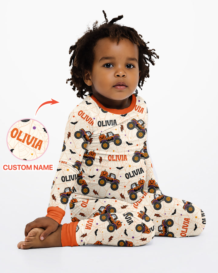 Custom Name Halloween Monster Truck Bamboo Two Piece Long Sleeve Pajama Set