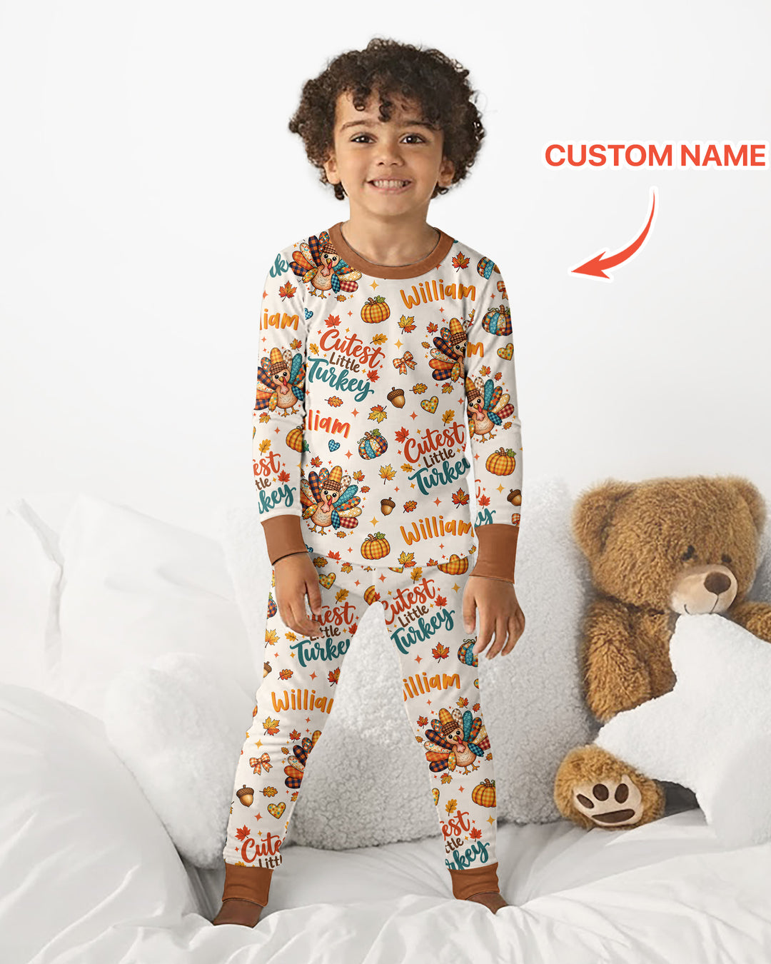 Custom Name Cutest Little Turkey Bamboo Two Piece Long Sleeve Pajama Set