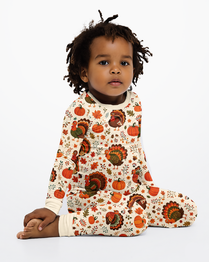 Turkey Autumn Pumpkin Bamboo Two Piece Long Sleeve Pajama Set