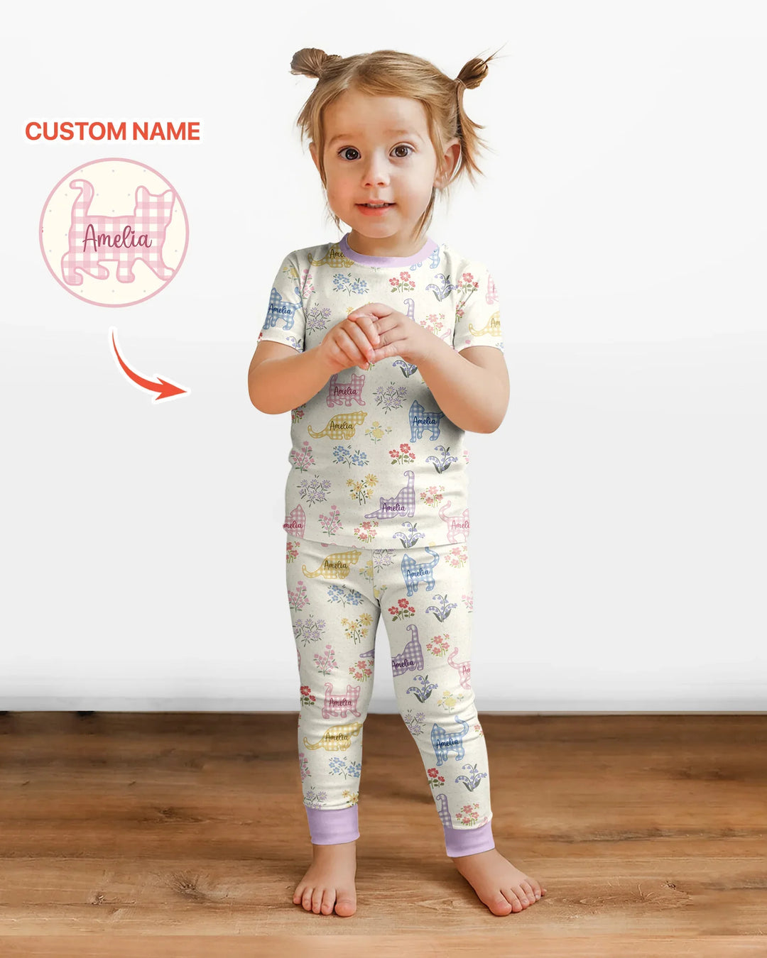 Gingham Cats Custom Name Bamboo Two Piece Short Sleeve Pajama Set