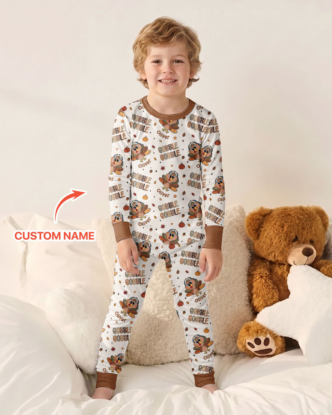 Custom Name Gobble Gobble Bamboo Two Piece Long Sleeve Pajama Set
