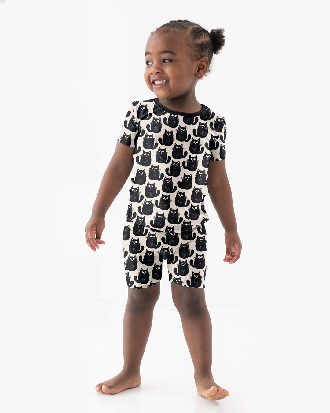 Moody Black Cats in Black and White Bamboo Two Piece Short Sleeve Shorts Pajama Set