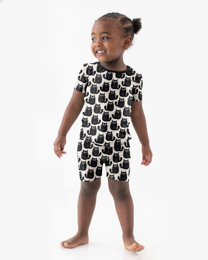 Moody Black Cats in Black and White Bamboo Two Piece Short Sleeve Shorts Pajama Set