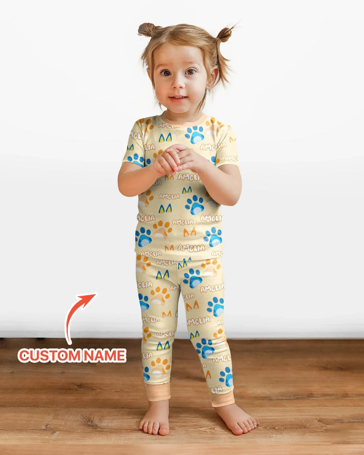 Custom Name Favourite Blue Dog Family Matching Bamboo Two Piece Short Sleeve Pajama Set