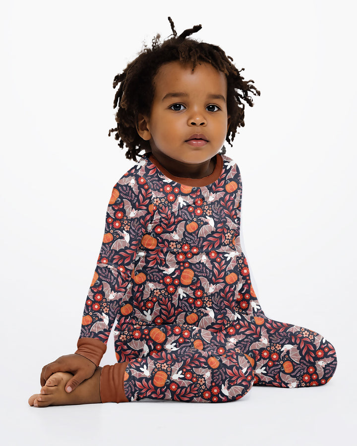 Bat Pumpkin Floral Halloween Bamboo Two Piece Long Sleeve Pajama Set