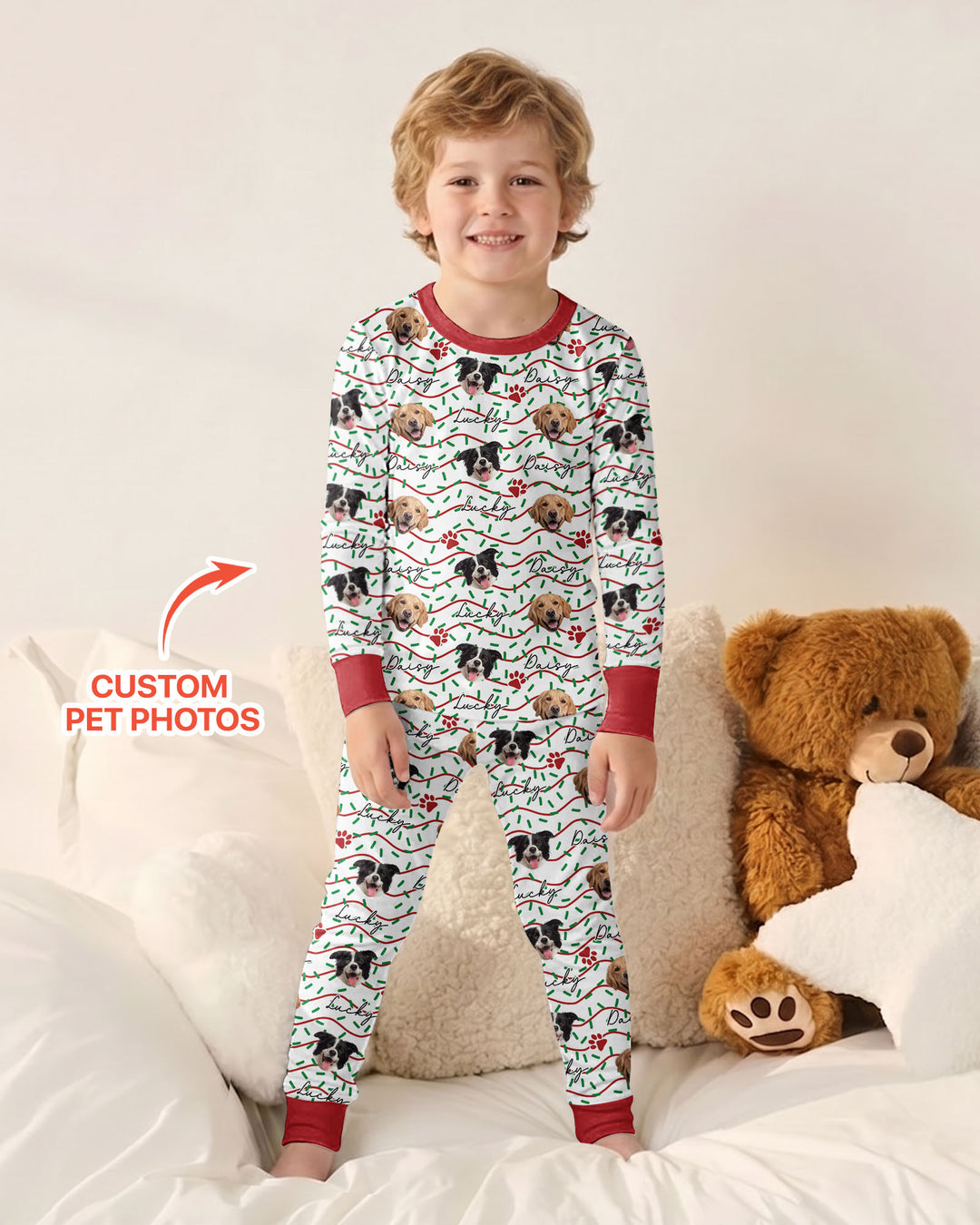 Custom Pet Photo Christmas Sprinkles Bamboo Two Piece Long Sleeve Pajama Set