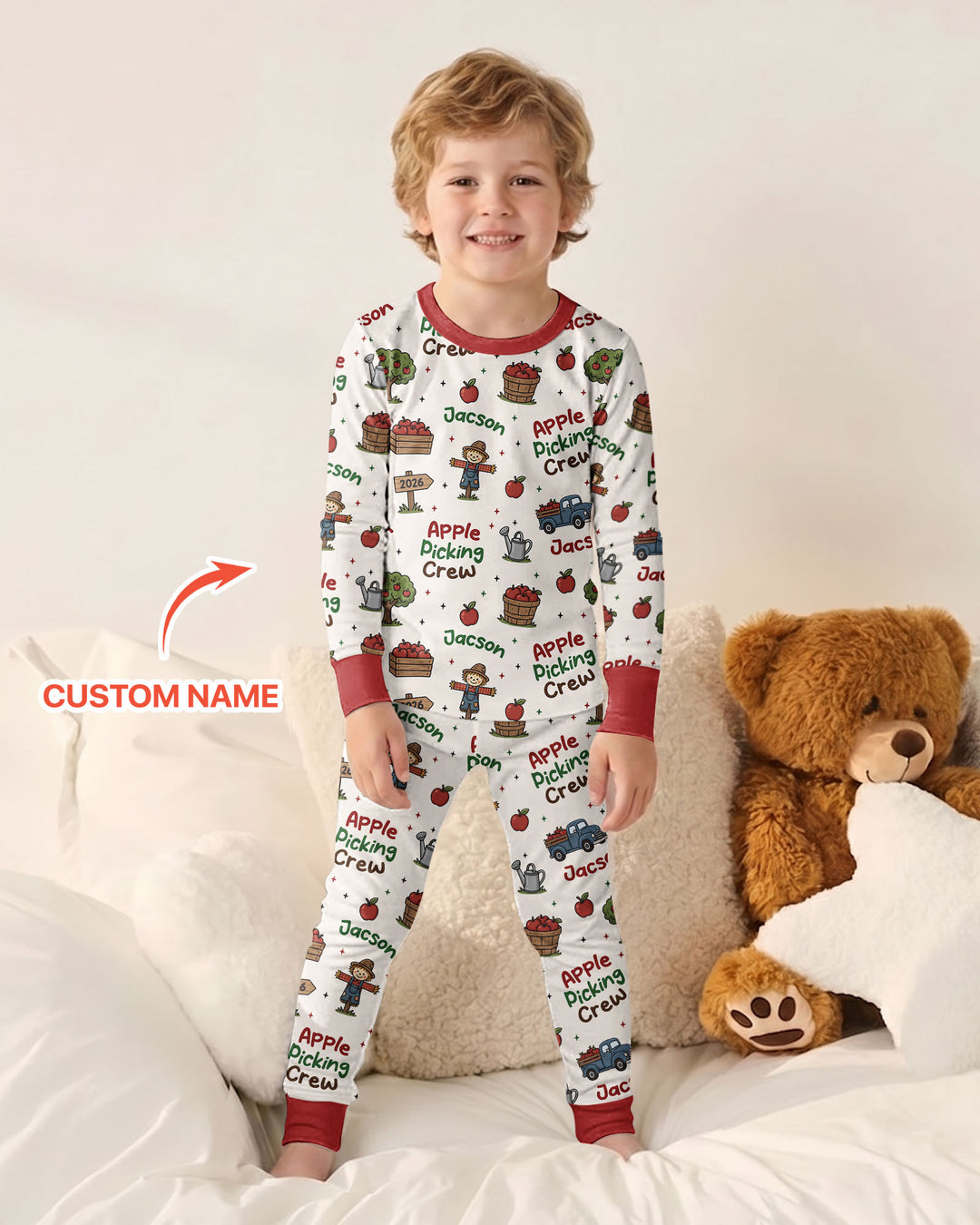 Custom Name Apple Picking Crew Bamboo Two Piece Long Sleeve Pajama Set