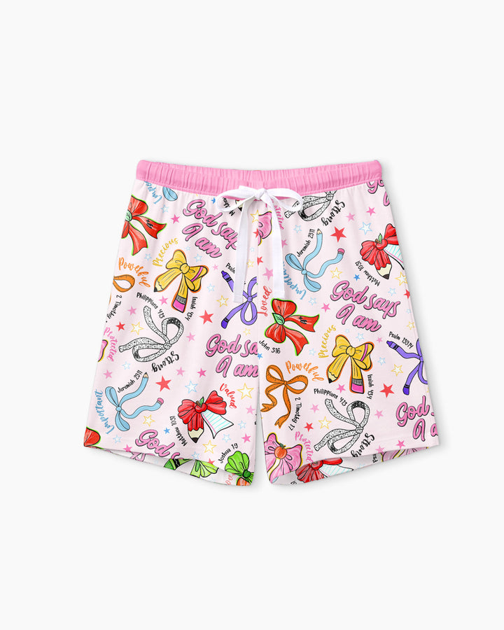Pencil Bows God Says I Am Bamboo Women Short Sleeve Short Pajama Set