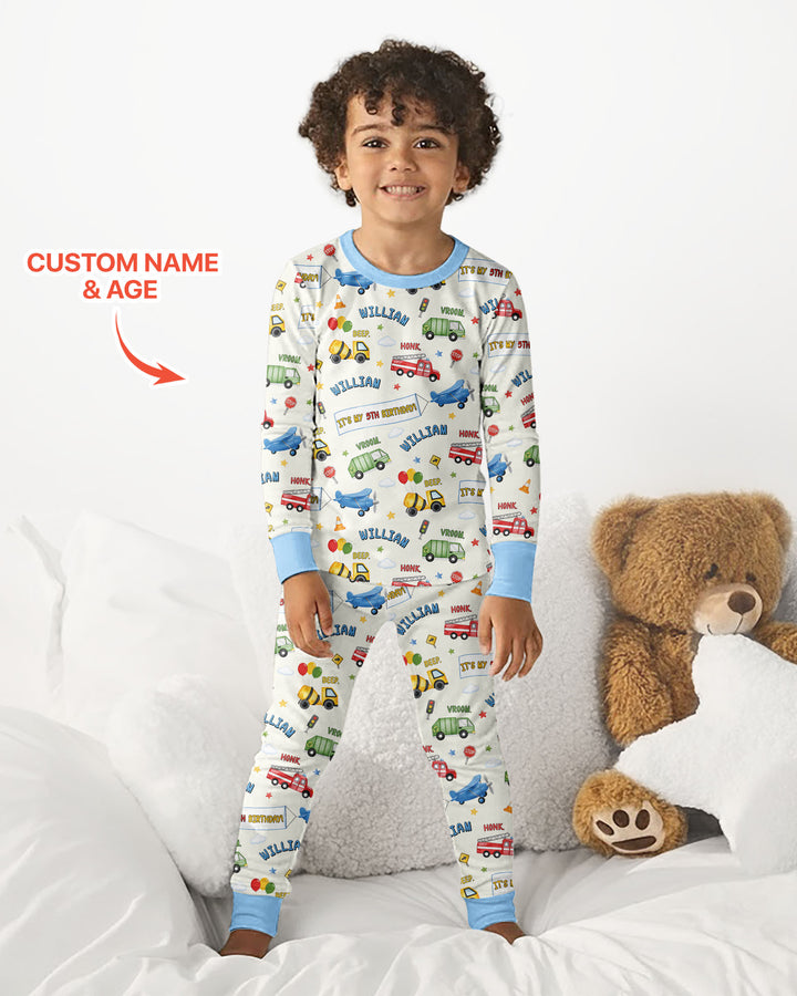 Personalized Transportation Birthday Bamboo Two Piece Long Sleeve Pajama Set