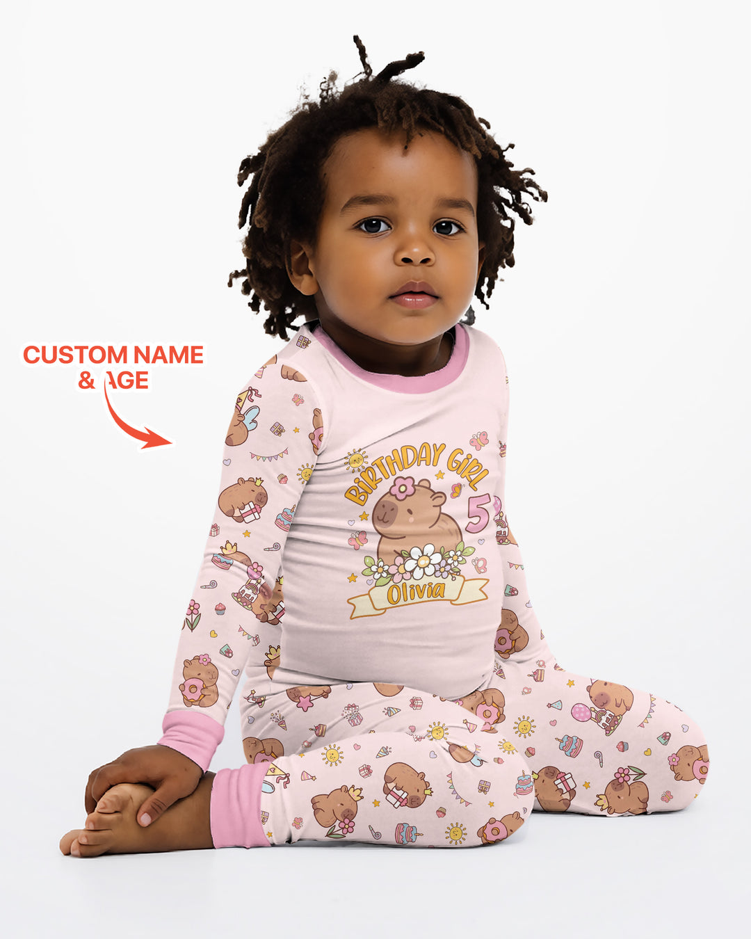 Personalized Capy Birthday Girl Bamboo Two Piece Long Sleeve Pajama Set