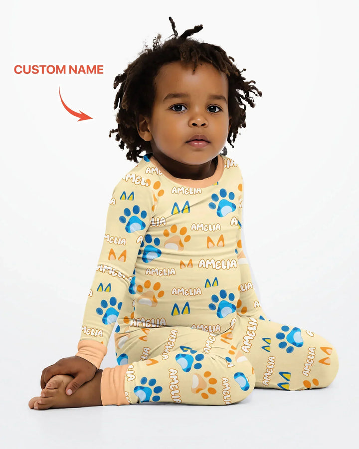 Custom Name Favourite Blue Dog Family Matching Bamboo Two Piece Long Sleeve Pajama Set