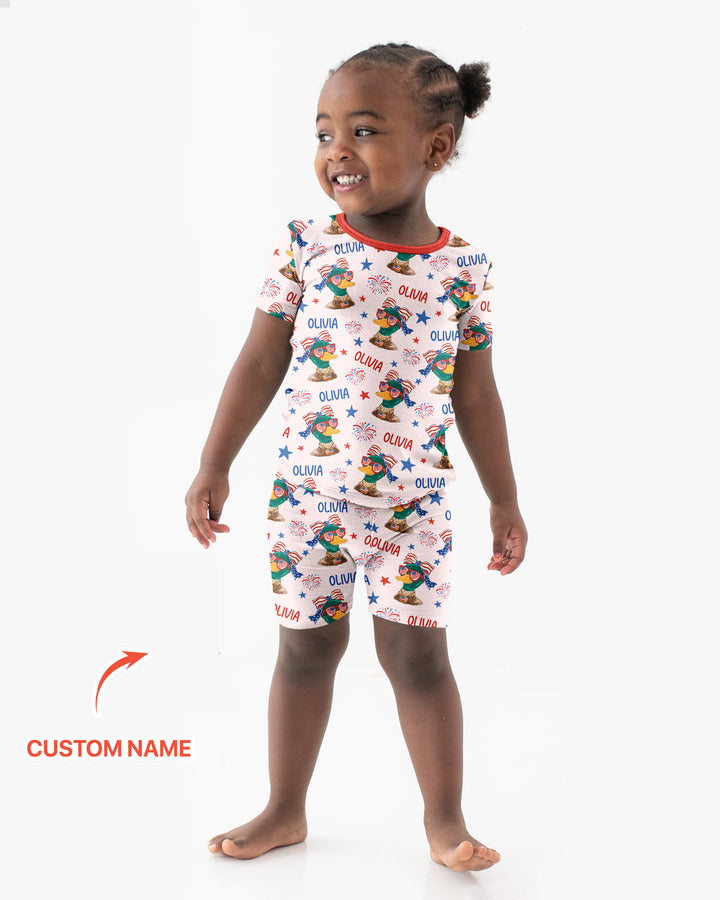 Custom Name Patriotic Mallard Duck Bamboo Two Piece Short Sleeve Shorts Pajama Set
