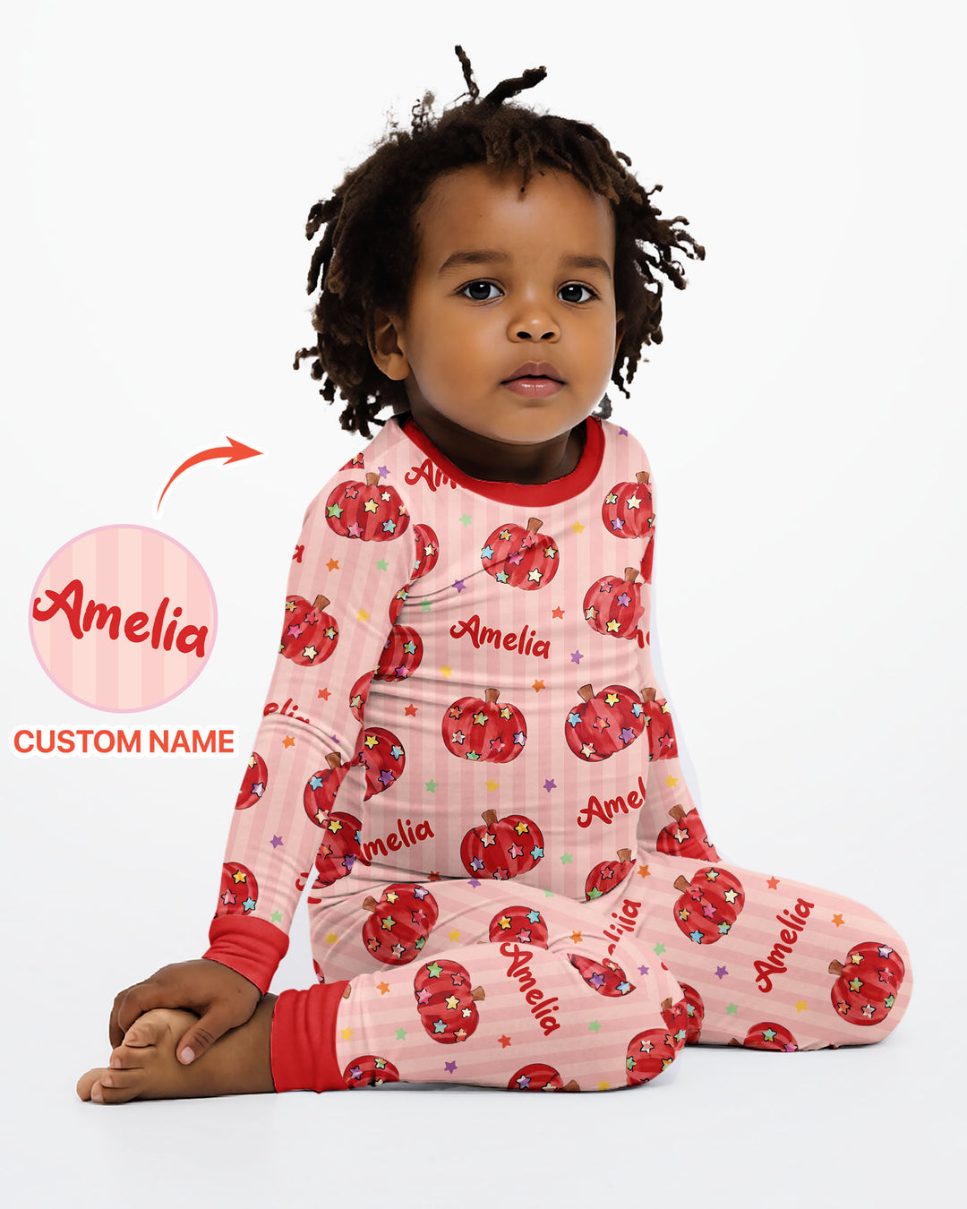 Colorful Star Pumpkin Custom Name Bamboo Two Piece Long Sleeve Pajama Set