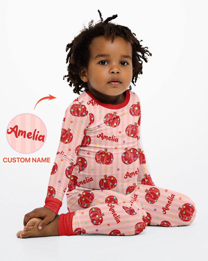 Colorful Star Pumpkin Custom Name Bamboo Two Piece Long Sleeve Pajama Set