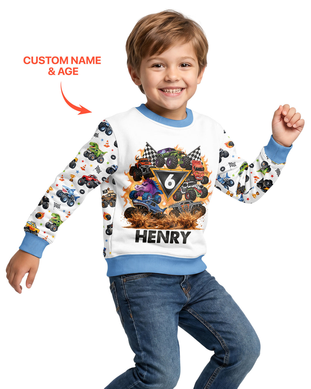 Personalized Monster Trucks Birthday Boy Bamboo Crewneck Sweatshirt