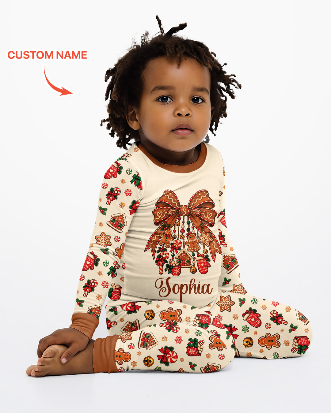 Custom Name Gingerbread The Bow Bamboo Two Piece Long Sleeve Pajama Set