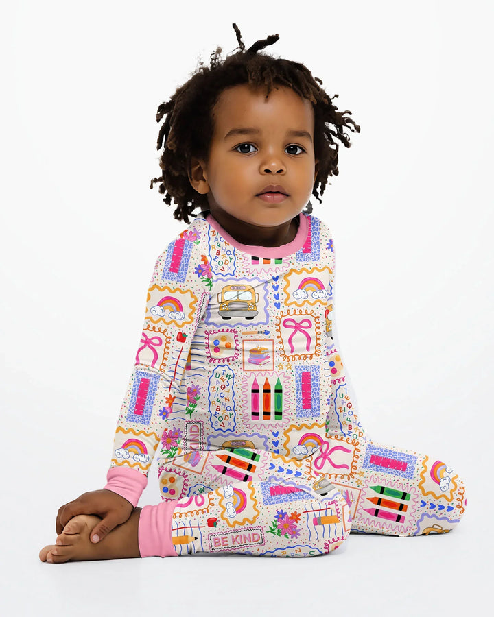 Colorful Doodle School Bamboo Two Piece Long Sleeve Pajama Set
