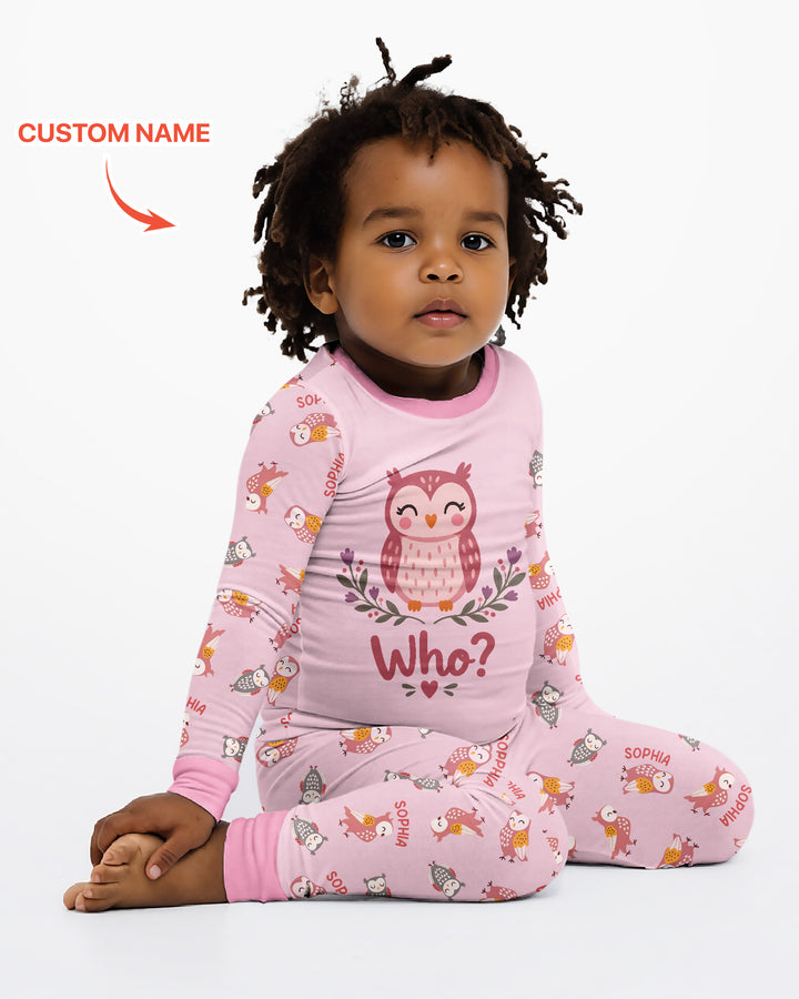 Custom Name Twin Owl Who's Who Bamboo Two Piece Long Sleeve Pajama Set