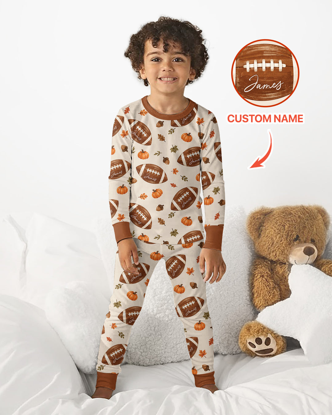 Custom Name Football Season Happy Fall Bamboo Two Piece Long Sleeve Pajama Set