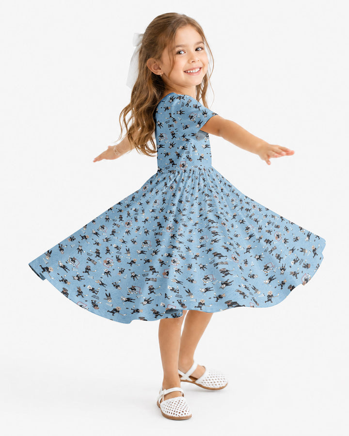 Hockey Dogs - Blue and Black Bamboo Twirl Dress