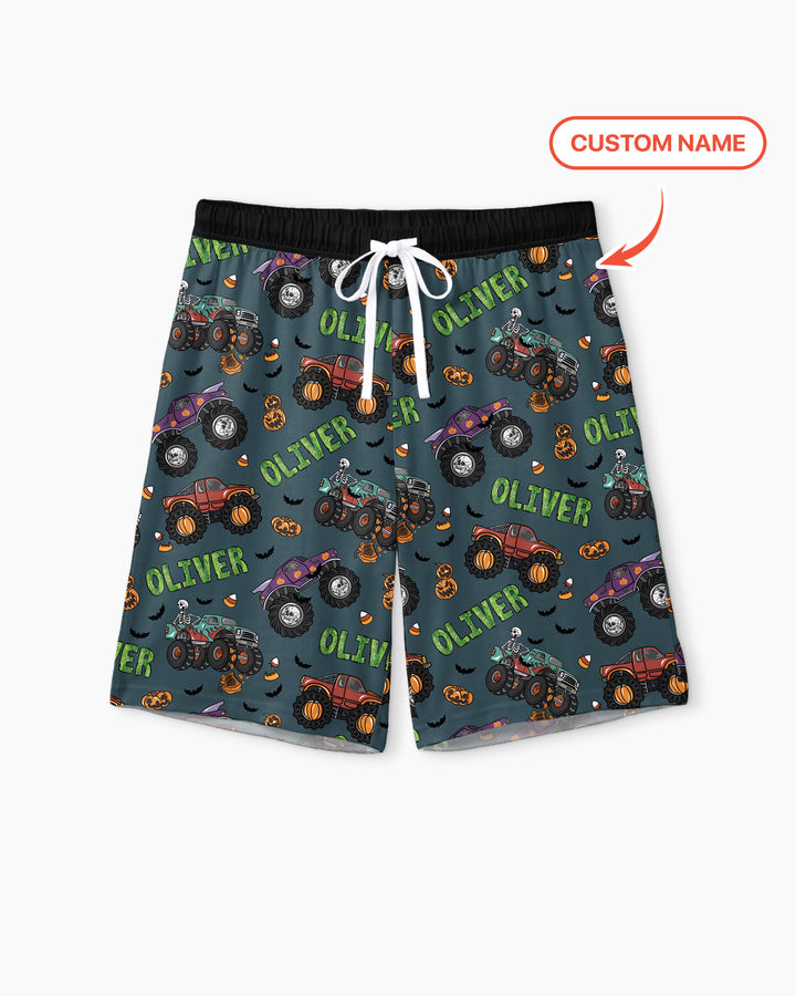 Custom Name Haunted Monster Trucks  Bamboo Men Short Sleeve Short Pajama Set