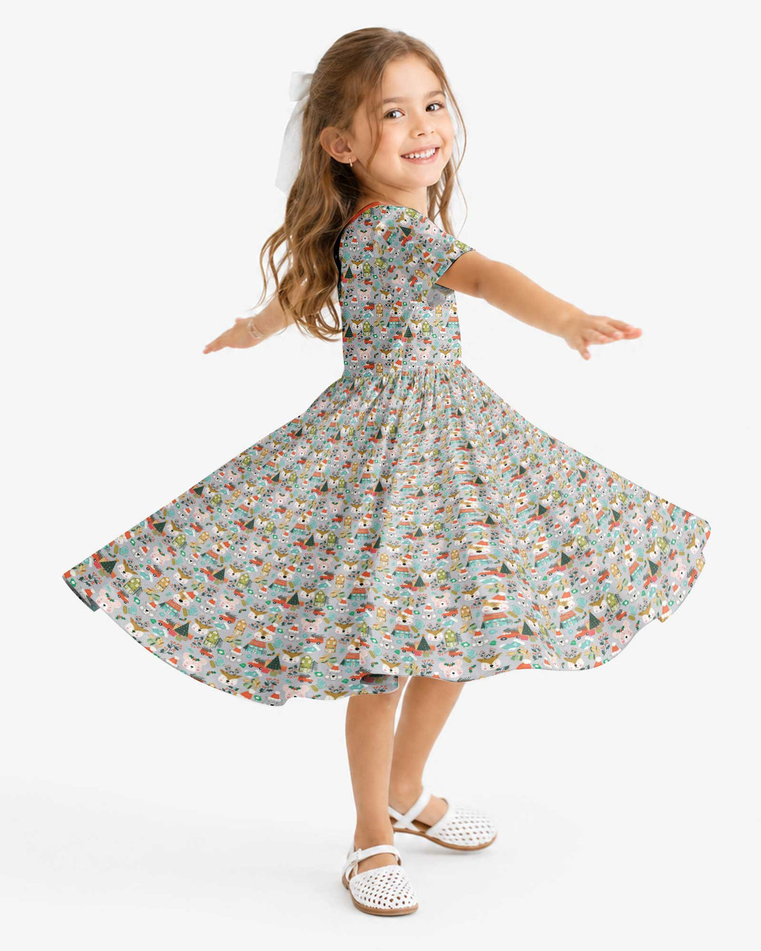 Christmas Woodland Deer Fox Bear Bamboo Twirl Dress