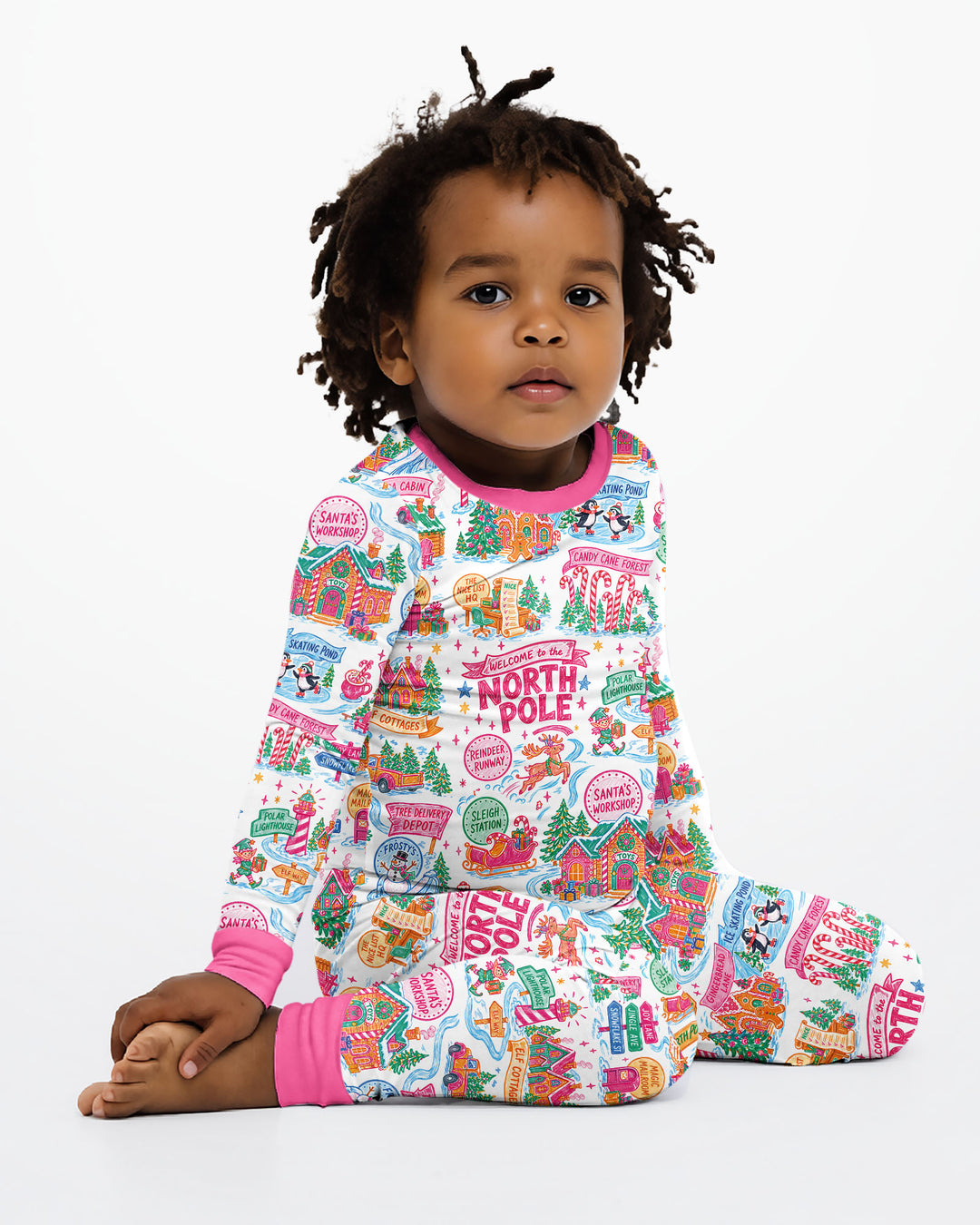 Welcome To North Pole Village Pink Christmas Bamboo Two Piece Long Sleeve Pajama Set