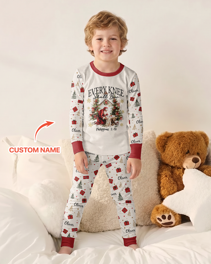 Every Knee Shall Bow Custom Name Mommy And Me Matching Bamboo Two Piece Long Sleeve Pajama Set