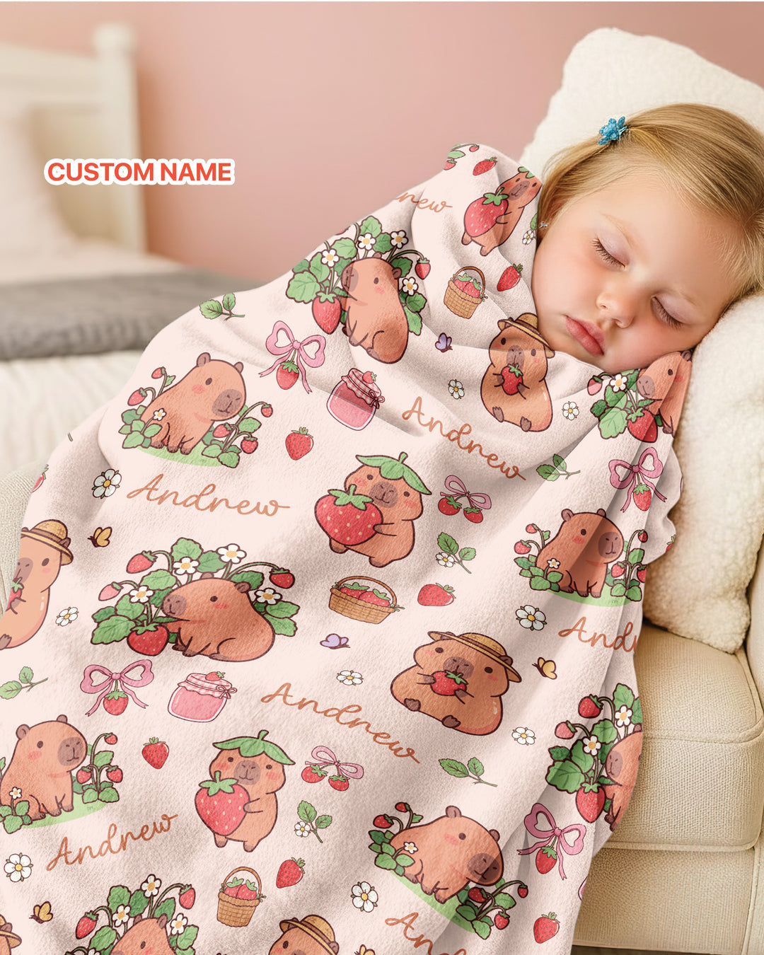 Custom Name Capybara Strawberry Bamboo Blanket