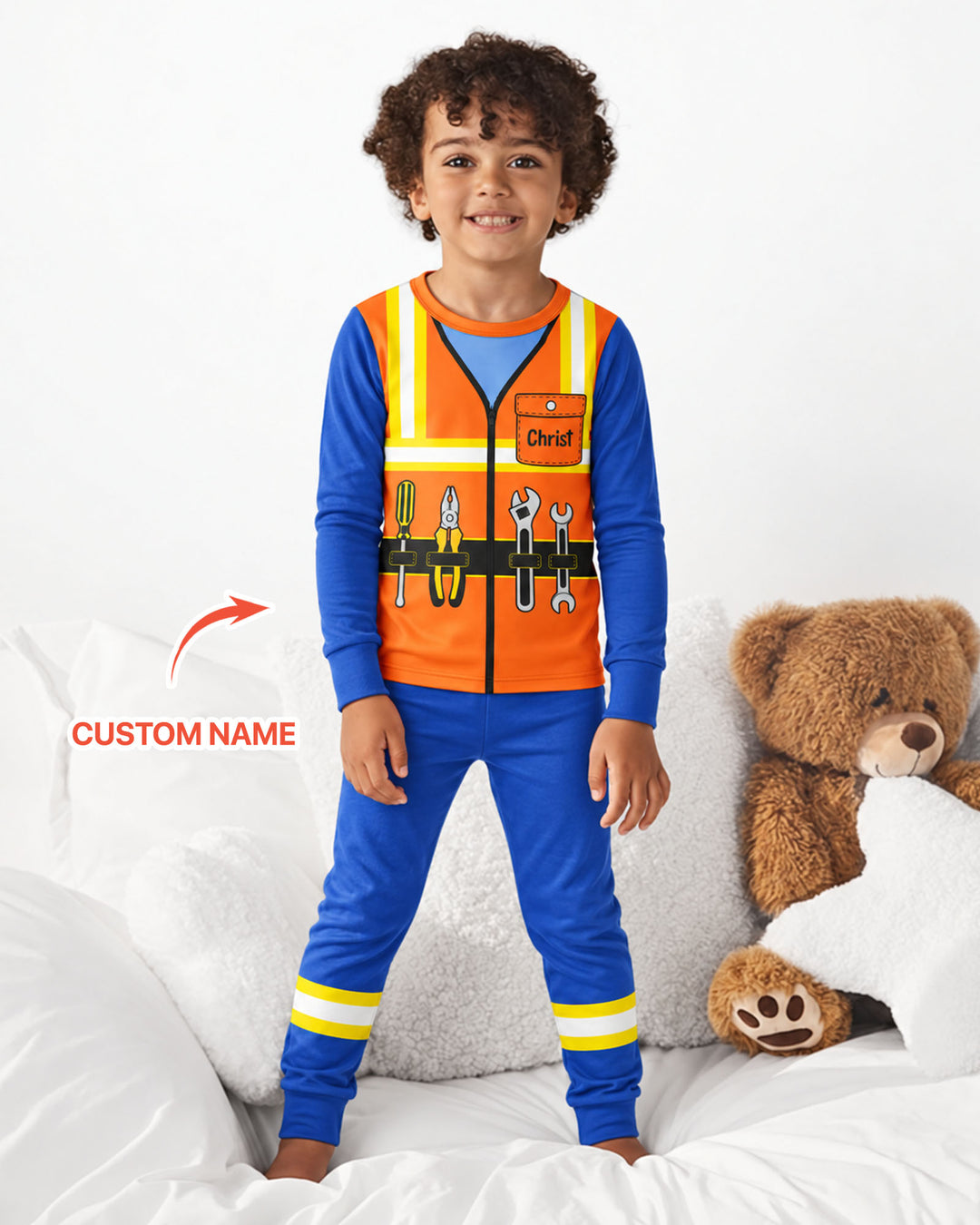 Construction Worker Custom Name Bamboo Two Piece Long Sleeve Pajama Set