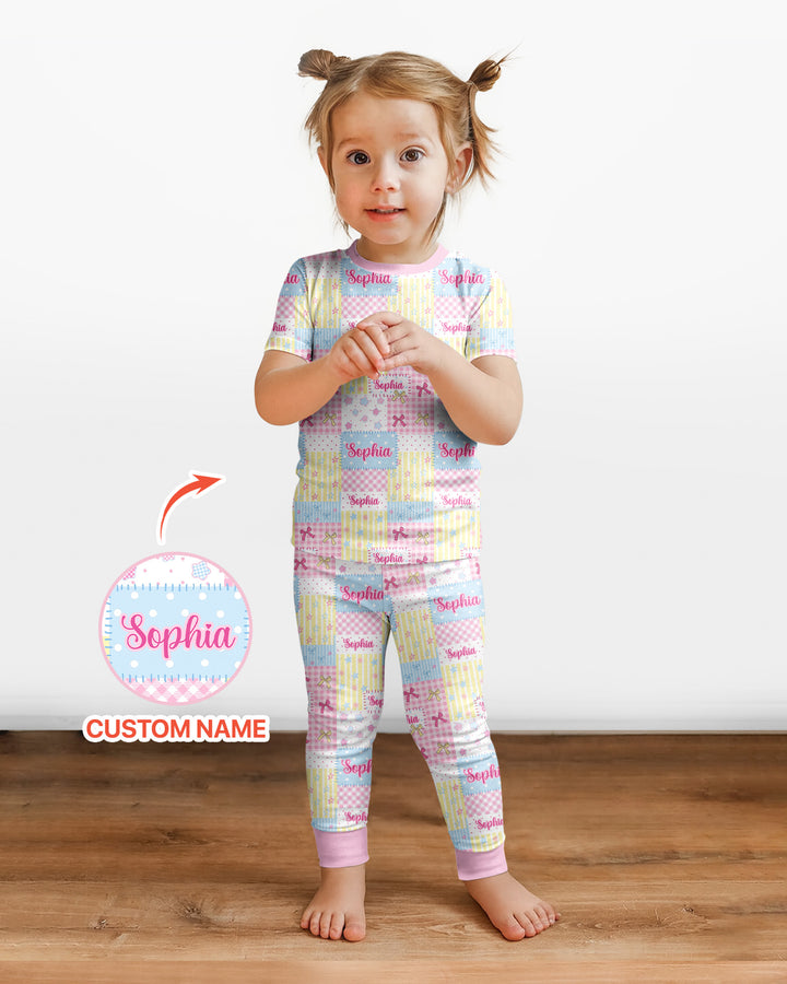 Custom Name Sweet Patchwork Bamboo Two Piece Short Sleeve Pajama Set