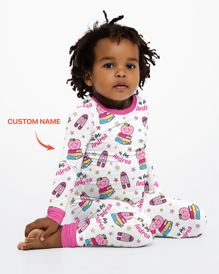 Custom Name Crayon Alphabet Bamboo Two Piece Long Sleeve Pajama Set